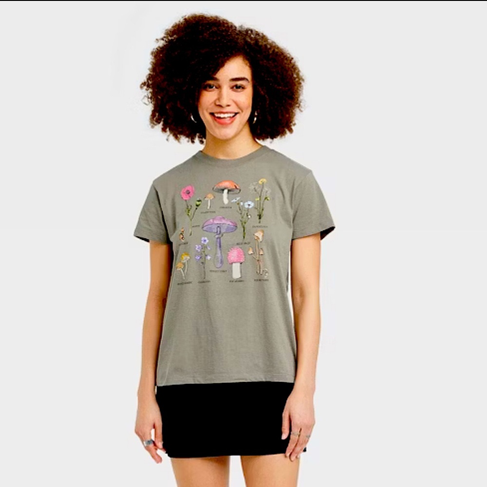 DOE Green Mushroom and Flower Graphic Tee